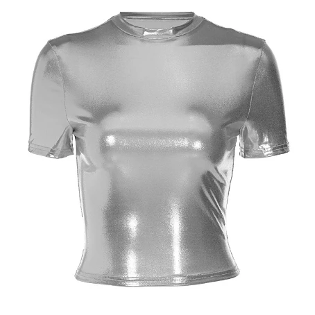 T-shirt moulant à manches courtes et col rond en métal pour femmes, haut à la mode, vêtements d'été, nouveau, en stock, 2024