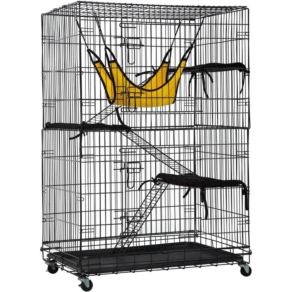 4-Tier 48 Inches Cat Cage Crate Cats Kennel Cats Playpen with Free Hammock 3 Cat Bed 2 Front Doors 3 Ramp Ladders