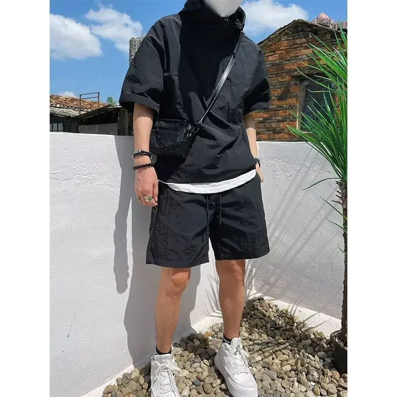 Summer Cargo Style Set Men's Casual Hooded Solid Short Sleeve T-shirt Shorts Loose Fashion High Quality Handsome Sweatshirt Suit