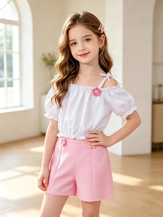 K‑style Sweet Girls' Off‑Shoulder 2‑Piece Outfit, Ruffled Waist‑cinching Cropped Top with 3D Flower Decor & High‑waisted Shorts