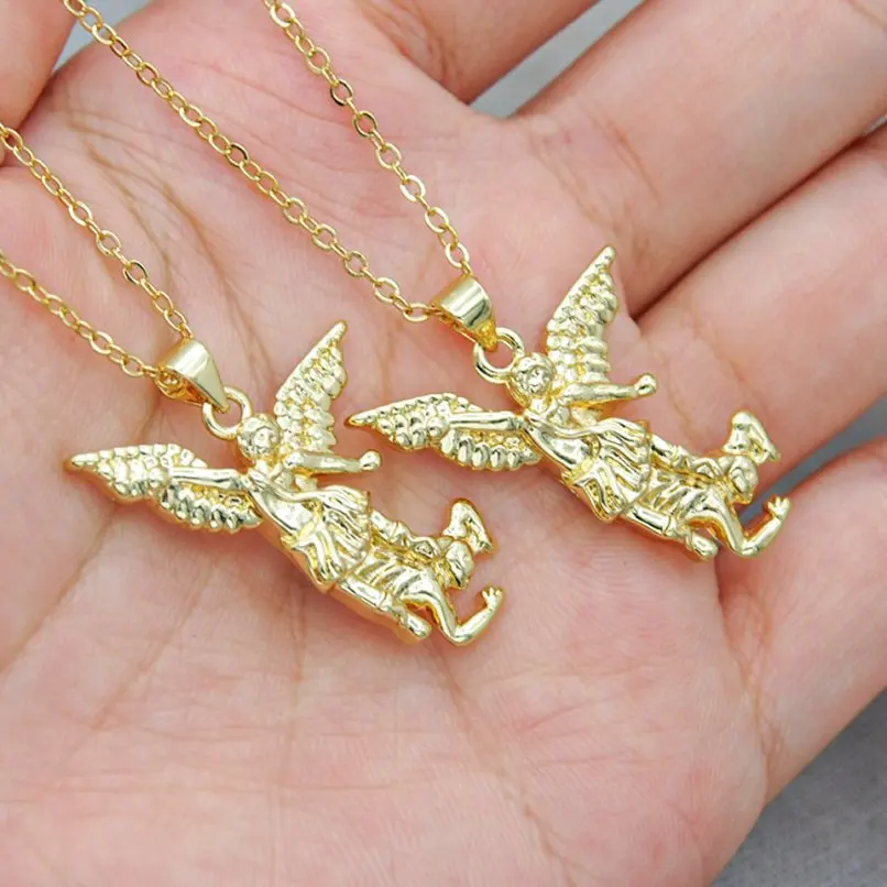 

Gold Color Copper Chain Necklace Archangel Saint Michael Sword And Dragon Defeats Devil 18+2inch Jewelry