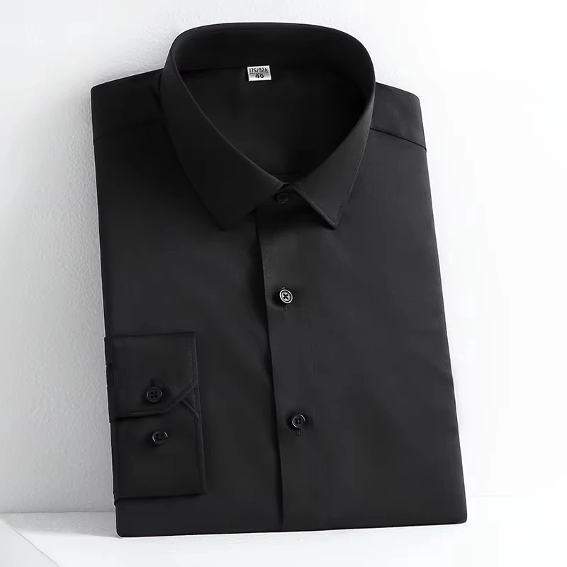 Fashion korean popualr clothes long-sleeve shirts for men slim fit formal plain shirt easy-care solid color black office tops