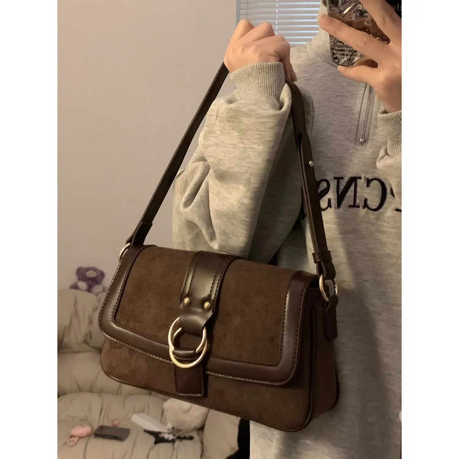 Vintage Brown Shoulder Bags for Women New Trendy Flap Design Frosted Underarm Bag Lady Casual Out Crossbody Bag and Purses