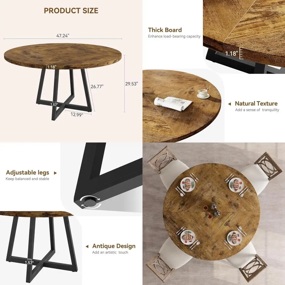 

47 Rustic Brown Wooden Top Dining Table with Metal Base for 4, Suitable for Kitchen and Living Room
