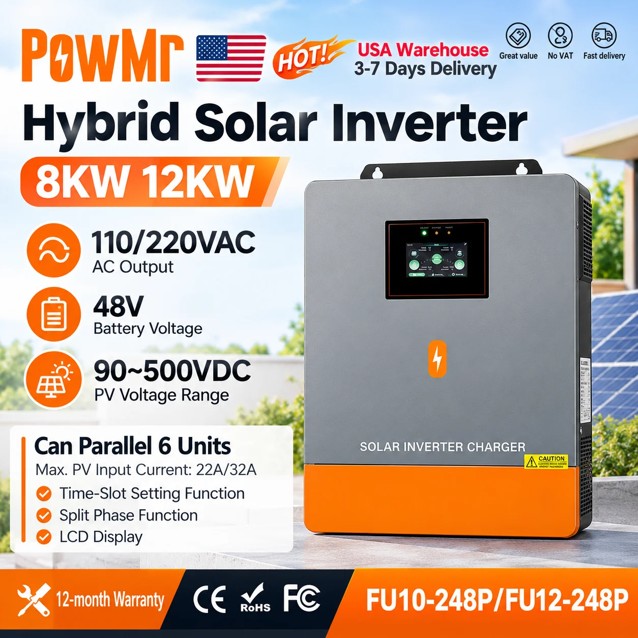 PowMr US 12KW 10KW 48V Split Phase Hybrid Solar PowMr US Inverter Charger 110/220Vac Output With MPPT 250A Solar Controller Dual MPPT 24000W PV Input 500V Work for Lead Acid Lithium Battery BMS Parallel Function UPS Off Grid Home Solar Power System