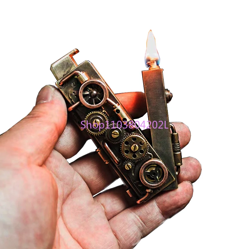 [Copper] Brass Four Teeth Linkage Lanzi Retro V-Shaped One-Click Ignition Kerosene Lighter Men's Collection