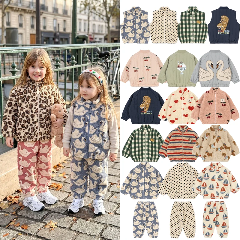 2026 NEW Autumn Winter KS Baby Boys Lambswool Cherry Jackets Autumn Girls Cartoon Outerwear Warm Jackets Children's Coats 1-9Y