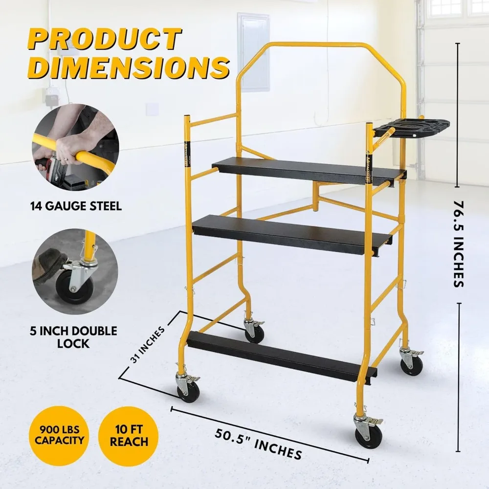 Rolling Scaffolding Platform, Adjustable & Foldable Design with 5" Locking Wheels