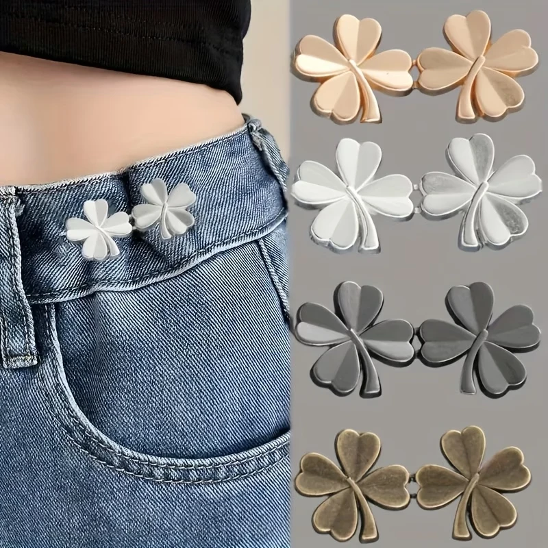 4Pairs  Adjustable Waist Tightener Four Leaf Clover Trousers Waist Buckles for Jeans Pants Skirts Snap Button Adjuster Clips