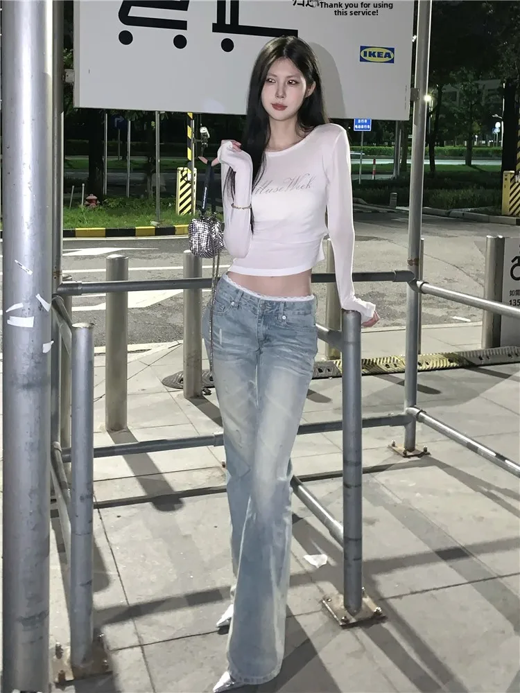 

Американские джинсы-клеш с низкой талией для женщин, удлиненные, больших размеров, стройнящие, длинные брюки в пол