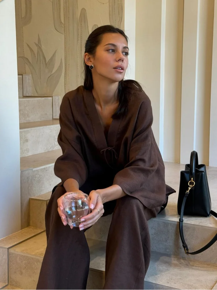 

Casual Solid Full Flare Sleeve Lace Up V Neck Top Set New Cotton Linen Women's Loose Straight Pant Suit New Lady Daily Wear