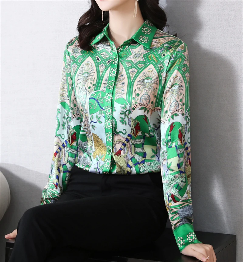 ZAROY Baroque Print Vintage Women Satin Shirts Luxury Tops Spring Long Sleeve Lapel Slim Silk Blouses Vintage 3XL Blusas Mujer
