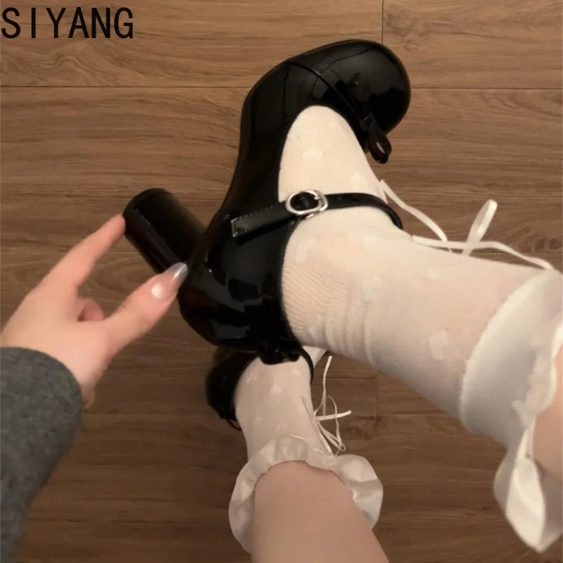 Black y2k Heels Women Mary Jane Shoes Concise Shallow Belt Buckle Shoes Spring Autumn Ladies Elegant Wedding Dancing Pumps view 4