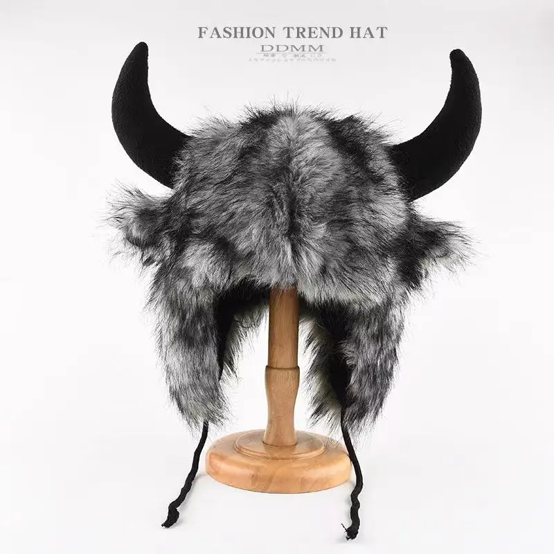 

Imitation Fox Fur Cow Horn Decoration Cap Winter Warm Ear Protection Wind Snow Women Men Halloween Party Cosplay Hat