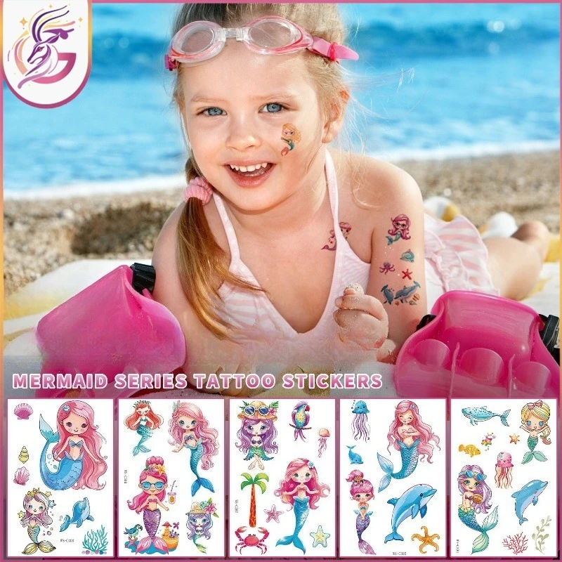 Pegatinas de tatuaje de sirena para niños, fiesta en la playa, impermeables y a prueba de sudor, seguras, no tóxicas, vacaciones de verano, actividad en la piscina, regalo de cumpleaños