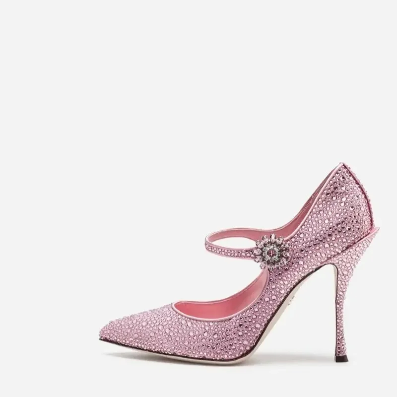 

Newest Fall Pink Shoes Woman 10 Cm Stiletto Heel Rhinestone Mary Jane Shoes Luxury High Heels Shoe Women Designers Zapatos Mujer