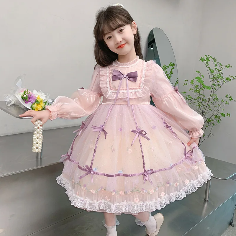 Girl Sweet Lolita Dress Children Purple Lace Bow Decoration Puffy Gown Kids Party Clothing New Style Autumn Lolita Dress