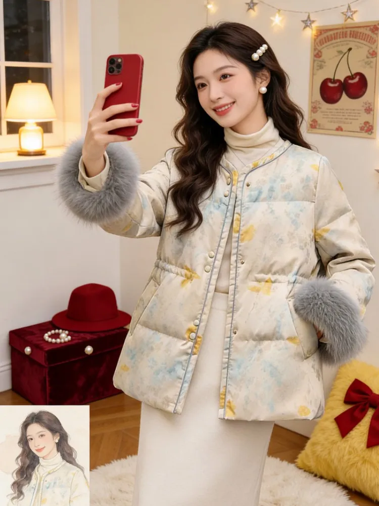 

New Chinese Sle Women's down Cotton Jaet ort Waist-Cinching Embroidered Winter Outerwear Faionable Korean Loose Fit