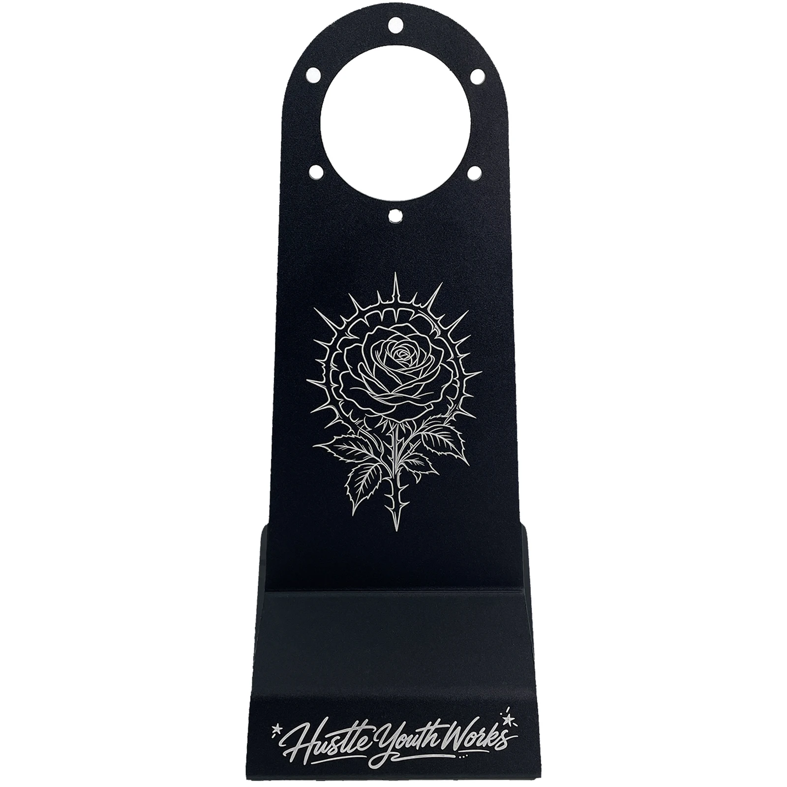 Universal Steering Wheel Stand Display Rack Black Metal Rose Laser Hustle Youth Works Logo JDM Showroom Rack Custom Decoration