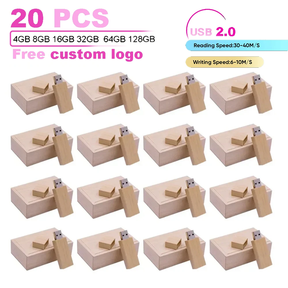 20 ชิ้น/ล็อตไม้ธรรมชาติ USB Flash Drive ฟรีโลโก้ที่กําหนดเอง Over Pendrive 4GB 8GB 16GB 32GB 64GB 128GB Memory Stick Creative ของขวัญ