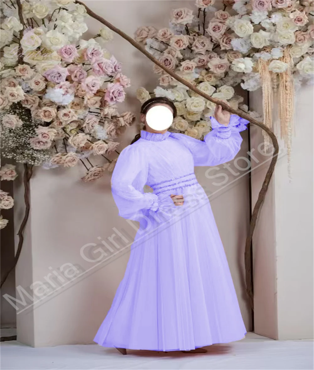 맞춤 부티크 신부 자매 드레스 튤 긴팔 하이넥 롱 걸 첫 영성체 생일 파티 연회 드레스