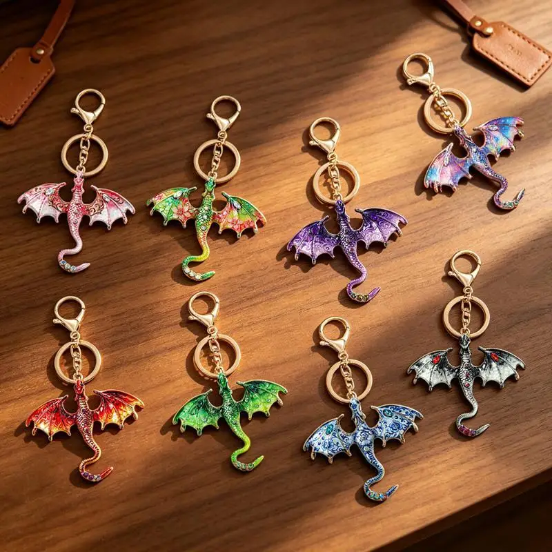 Fantasy-Drachen-Emaille-Schlüsselanhänger-Set, exquisiter Wyvern-Schlüsselring, Taschenanhänger, hochwertiger Metall-Auto-Schlüsselanhänger als Einweihungsgeschenk – Detail 2