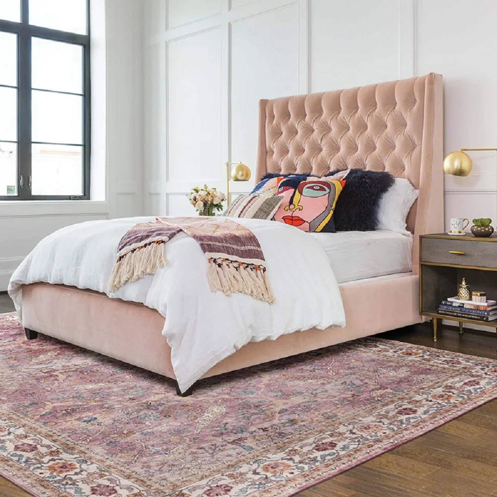 VIKAMA Pink Bohemian American Living Room Rug Vintage Bedroom Ins Style Bedside Rug Warm Soft Cozy Carpet Home Decor