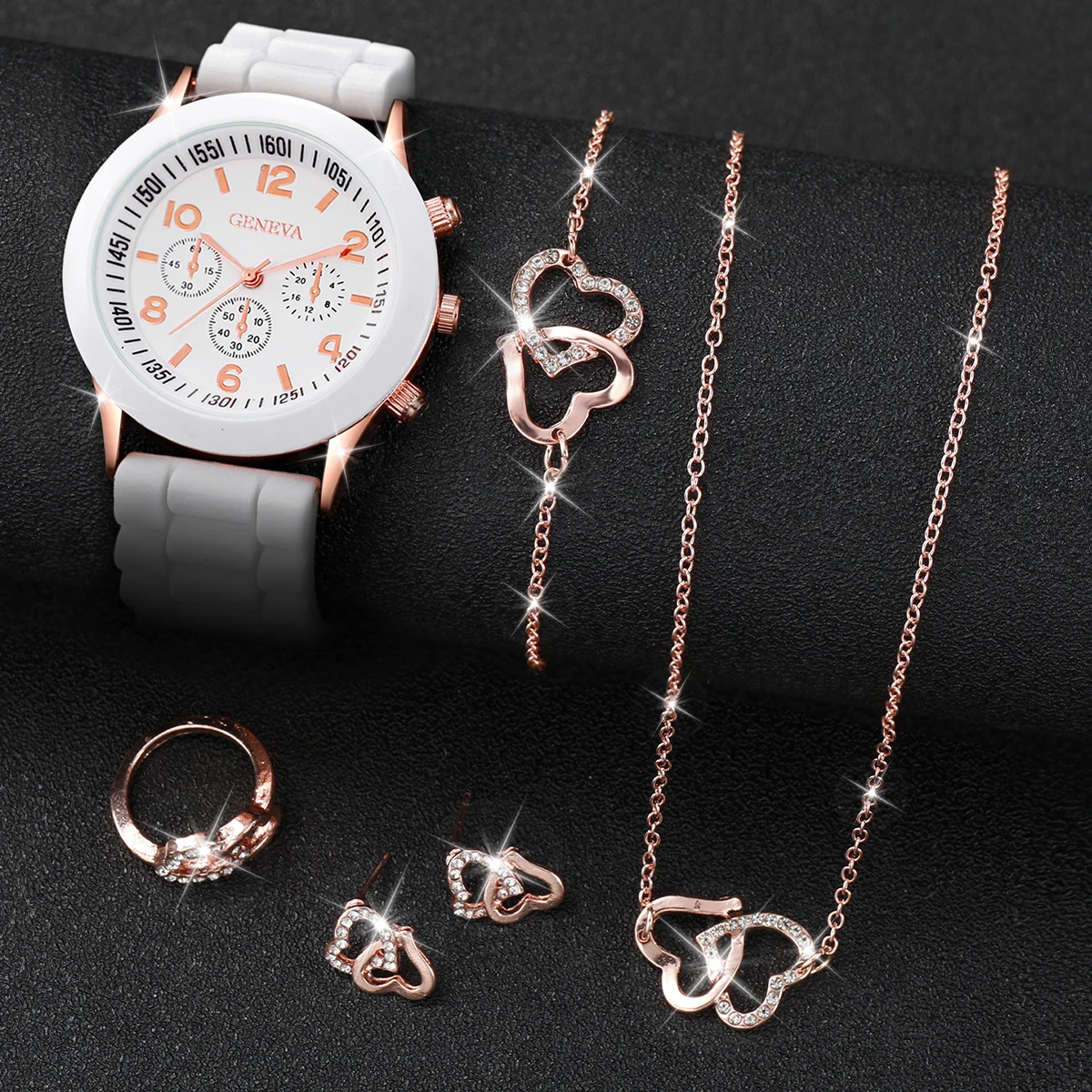 6PCS/Set Fashion Women\'s Quartz Watch Casual Silicone Band Wristwatches Heart Jewelry Set（Without Box）