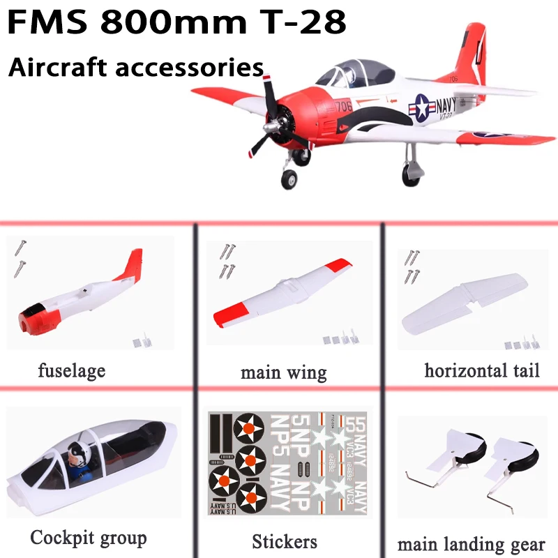 Fms 800mm T-28 Aircraft Accessories Complete, Including Fuselage, Main Wings, Propellers, Covers, Motors, Shafts, Landing Gear,