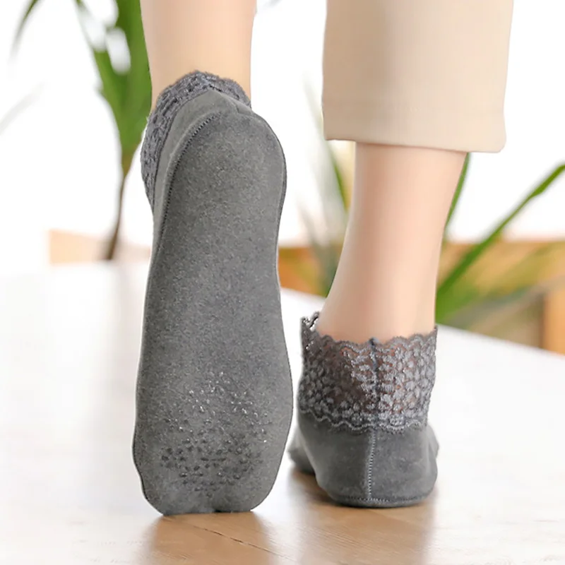 Women Low Lace Tube Thermal Socks Vintage Cute Thick Plus Velvet Warm Home Floor Socks Autumn Winter Anti-slip Sock Slippers