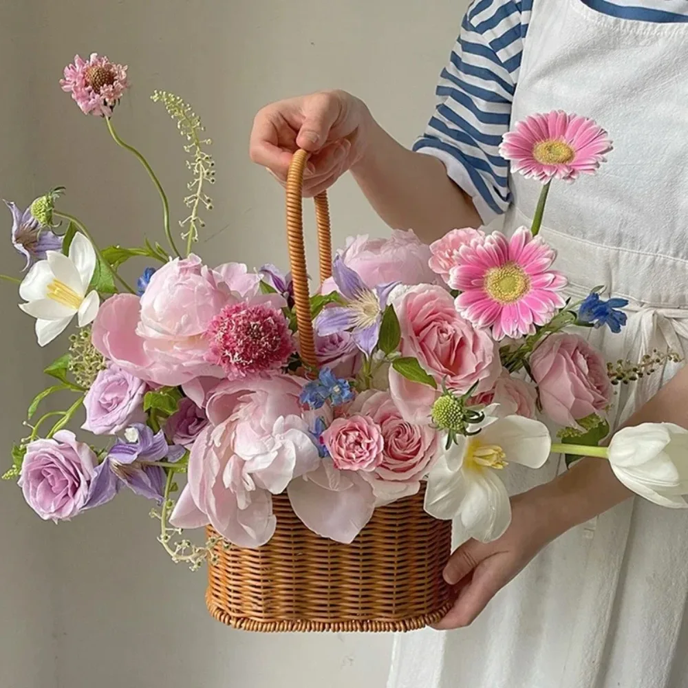 Willow Rattan Bride Flower Basket Hand-Woven Picnic Container Flower Arrangement Basket with Handle Picnic Weaving Basket image 3