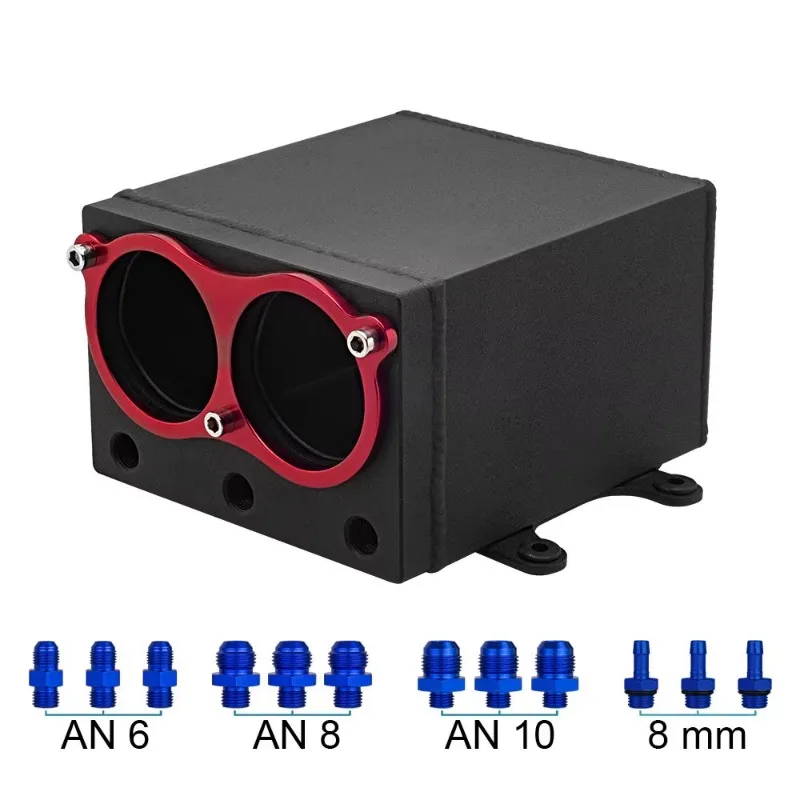 60mm Dual External 044 Billet Aluminium Fuel Pump Tank Racing Black Oil Catch Can with Dual Port Fuel Surge Tank