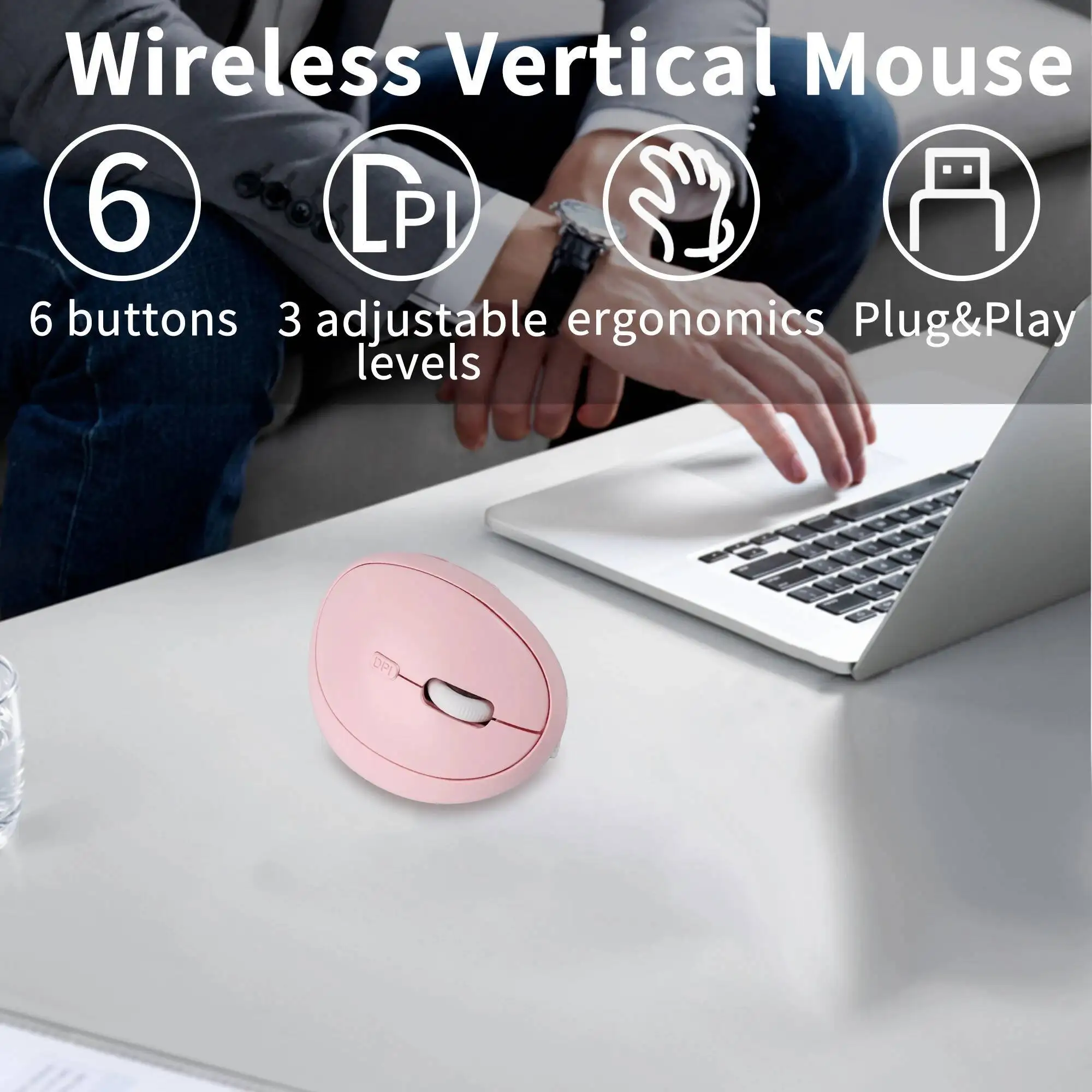 

Ergonomic Vertical Pink Mouse 2.4G Wireless Gaming Mouse Rechargeable 1600DPI USB Computer 6 Buttons Optical Mice For Laptop PC