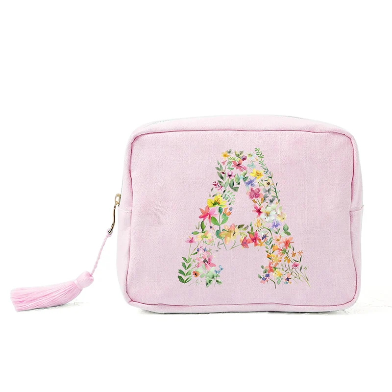 

Розовая льняная маленькая квадратная сумка с надписями, предназначенная для хранения косметики, туалетных принадлежностей и модных женских косметичек.