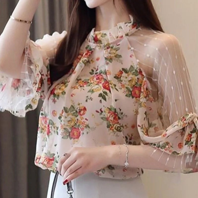 Elegant Female Floral Printed Chiffon Shirt Women's Clothing Summer New All-match Fashionable Mesh Spliced Stand Collar Blouse