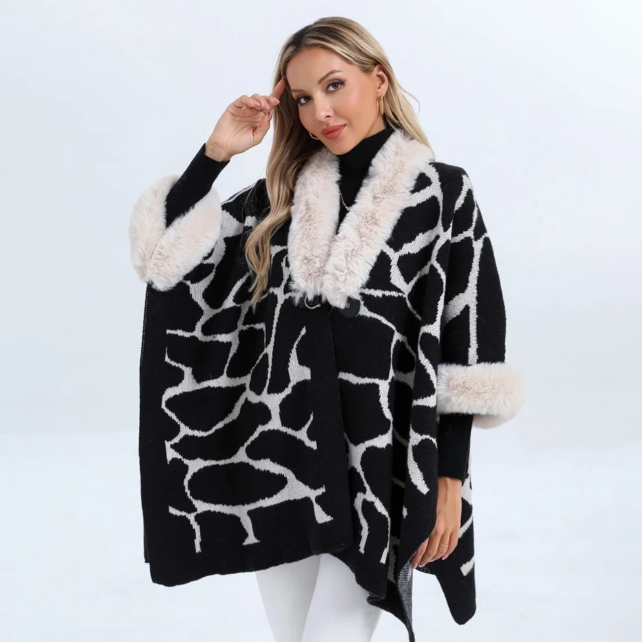 

Winter Faux Fur Outstreet Shawl Cloak Warm Oversize Printed Batwing Sleeves Long Poncho Capes Coat Women Wear Loose Overcoat