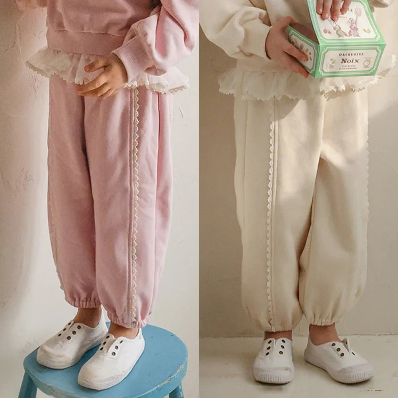 

2026 Spring Autumn New Korean Children Pants Girls Elegant Lace Versatile Loose Casual Sports Pants