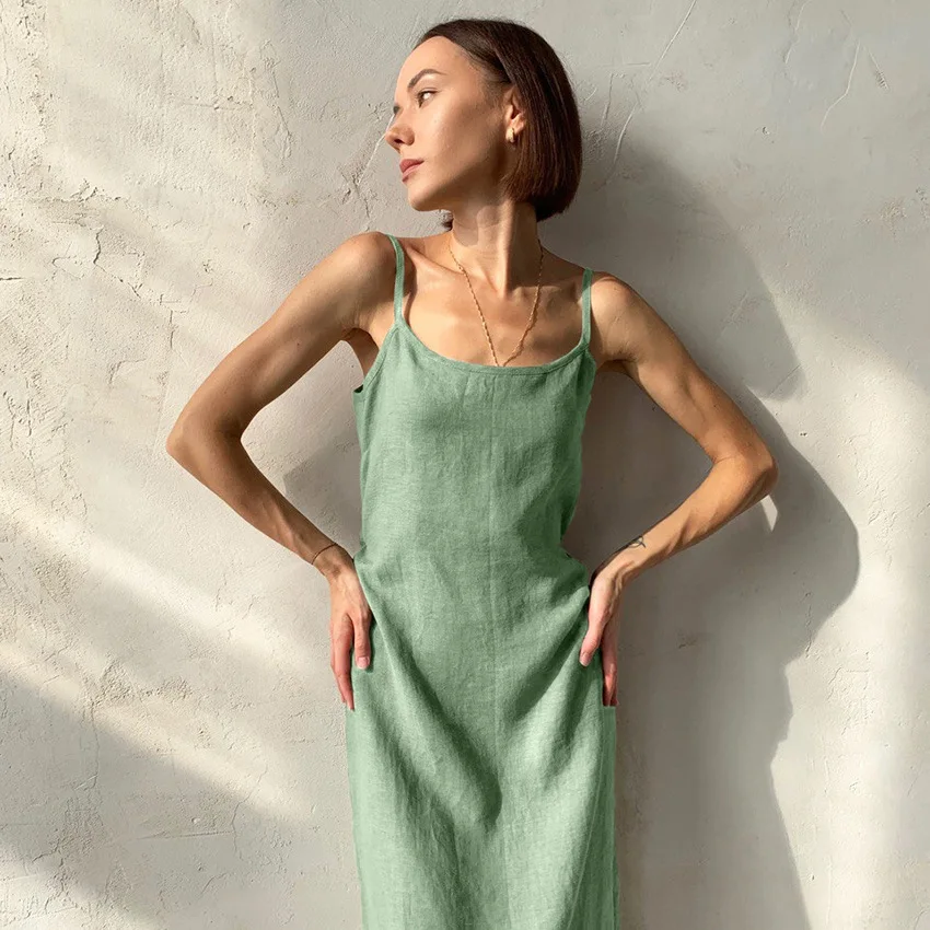 Green Cotton Night Dress Women Sexy Nightwear Spaghetti Strap Backless Lacing Mid-Calf Women\'s Nightgown 2023 Summer Dresses