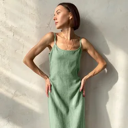 Green Cotton Night Dress Women Sexy Nightwear Spaghetti Strap Backless Lacing Mid-Calf Women's Nightgown 2023 Summer Dresses