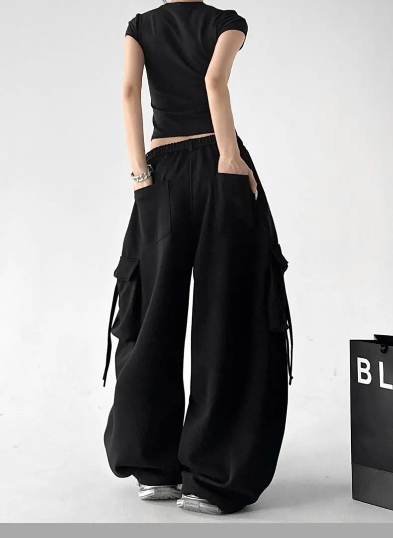 American Hip-hop Cargo Tooling Sweatpants Big Pocket Streamer Wide Leg Pants Women Baggy Pants