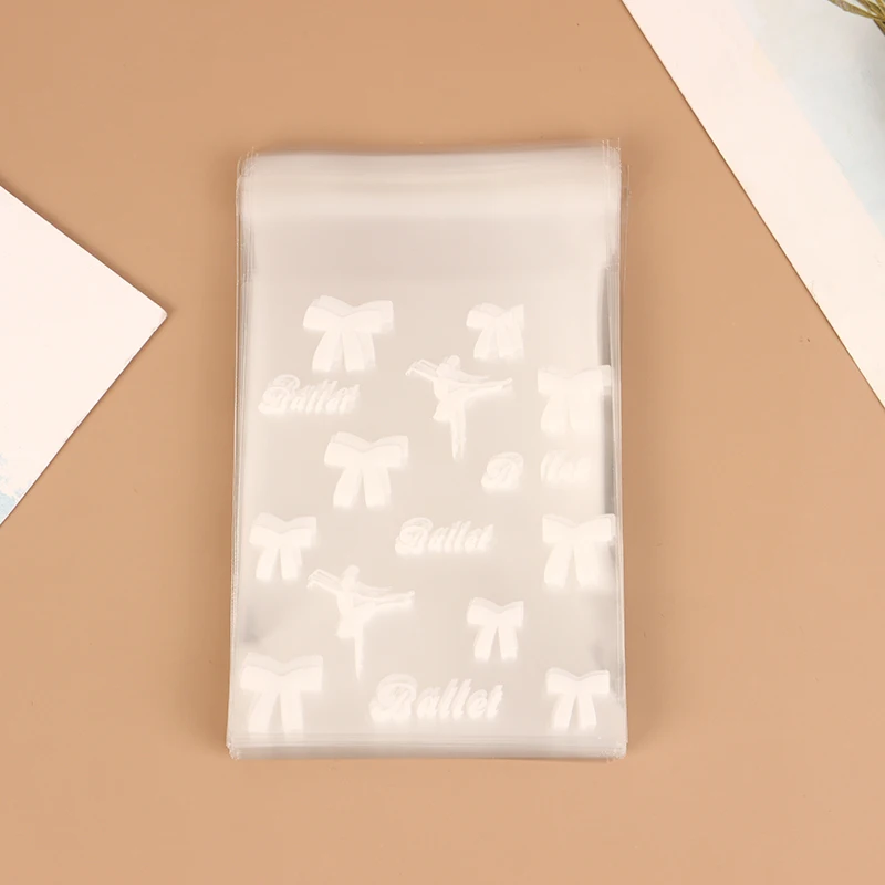 50pcs White Ballet Biscuit OPP Self-Adhesive Bag Bowknot Candy Chocolates Dessert Self Sealing Bag Gift Bag Card Storage Bag