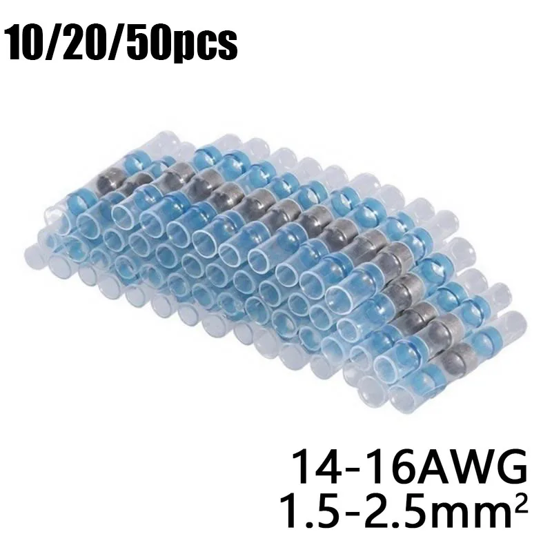 10/20/30/50pcs Seal Heat Shrink Butt Wire Connectors Terminals AWG16-14 Blue Solder Sleeve Waterproof Car Wires Extrusion Block