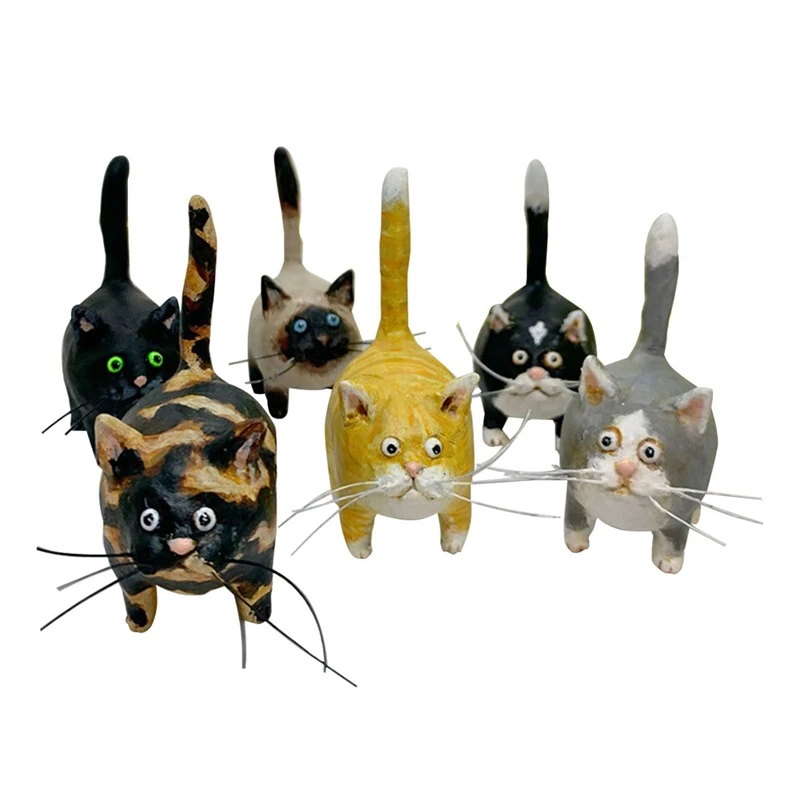 6Piece Tortoiseshell Cats Mini Miniature Tail Erect Cats Ornament Resin Christmas Ornament Whimsical Funny Hanging Statue Resin