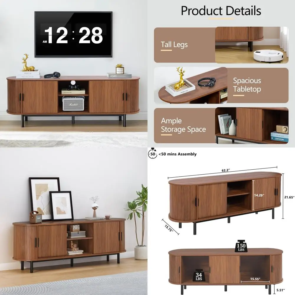 Mid Century Modern 65-70 Inch TV Stand with Sliding Doors, Curved Gaming Entertainment Center, Media Console for Living Room