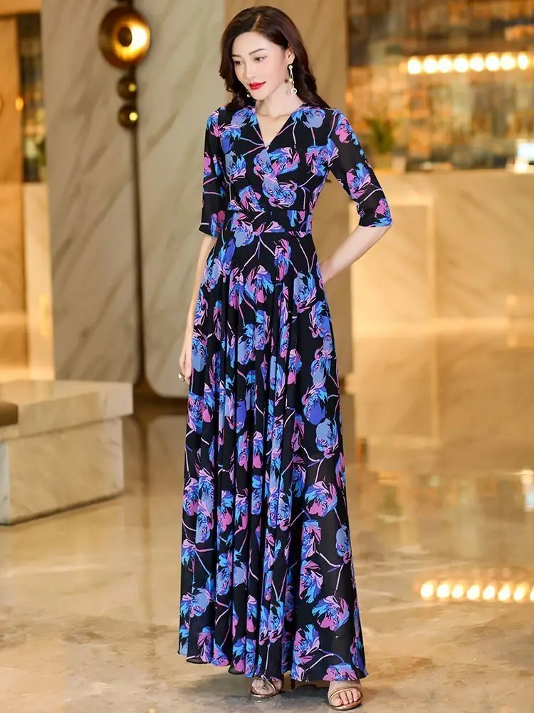 

Summer Elegant Floral Print Maxi Dress Vivid Floral Pattern Vacation Resort Women Casual V-neck Short Sleeve Slimming Dress S955