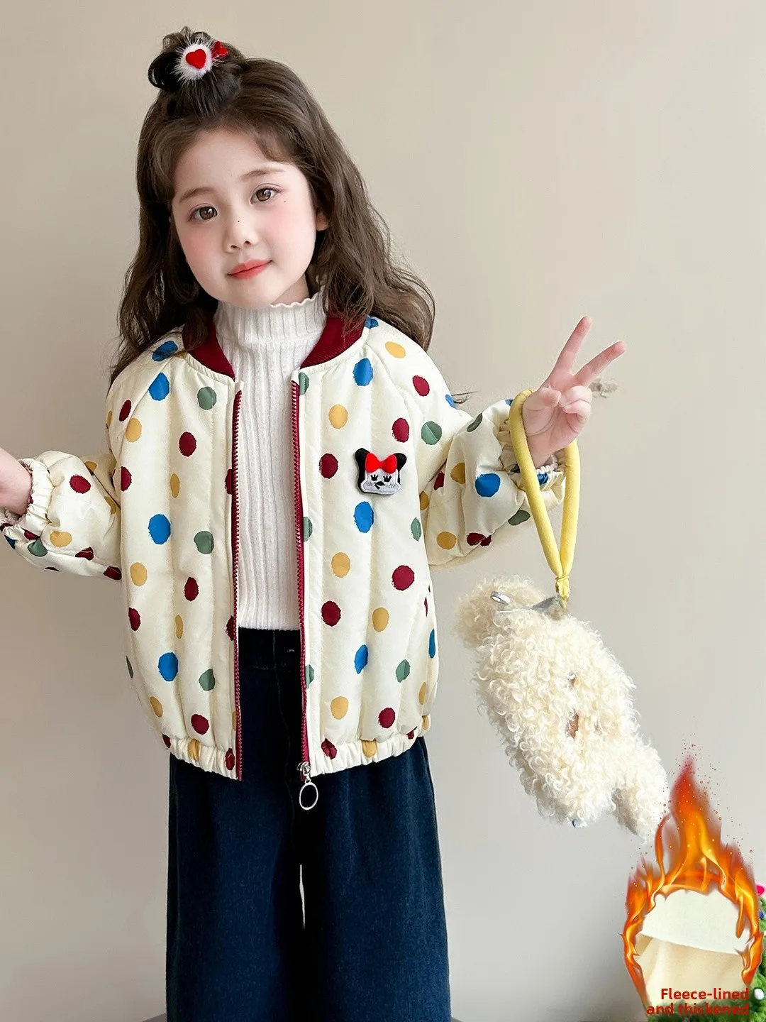 

Trendy Winter Cotton Jaet for Girls Baby Girl's Fce Lined Warm Plaid Hooded Coat with round Dot Pattern Cute And Sli