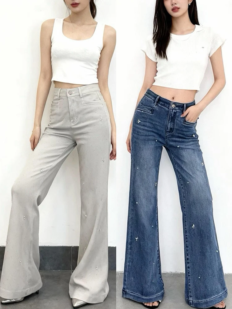 

Ретро джинсы-клеш с высокой талией для женщин, роскошные, декорированные, облегающие, из денима, весна 2026, модные, премиум-класса