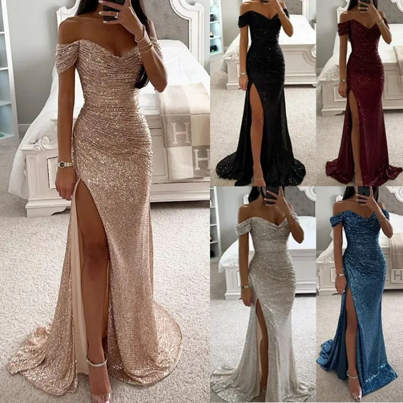 New Arrivals Exquisite Design Party Sequined Off-Neck Split Dress Casual Fashion Dress Women