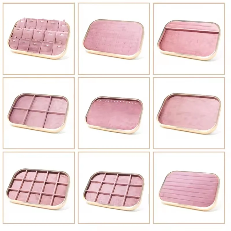 

Розовый бархатный поднос для ювелирных изделий с высококачественным металлическим краем из суфибры для внутреннего хранения и дисплея ожерелья, кольца, подвески, браслета