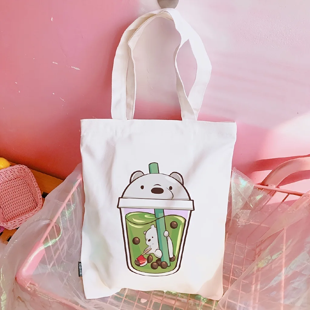 Canvas tote bag, Panda milk tea cartoon cup, Boba pearl, cute animals, cute and sweet daily handbag - view 3